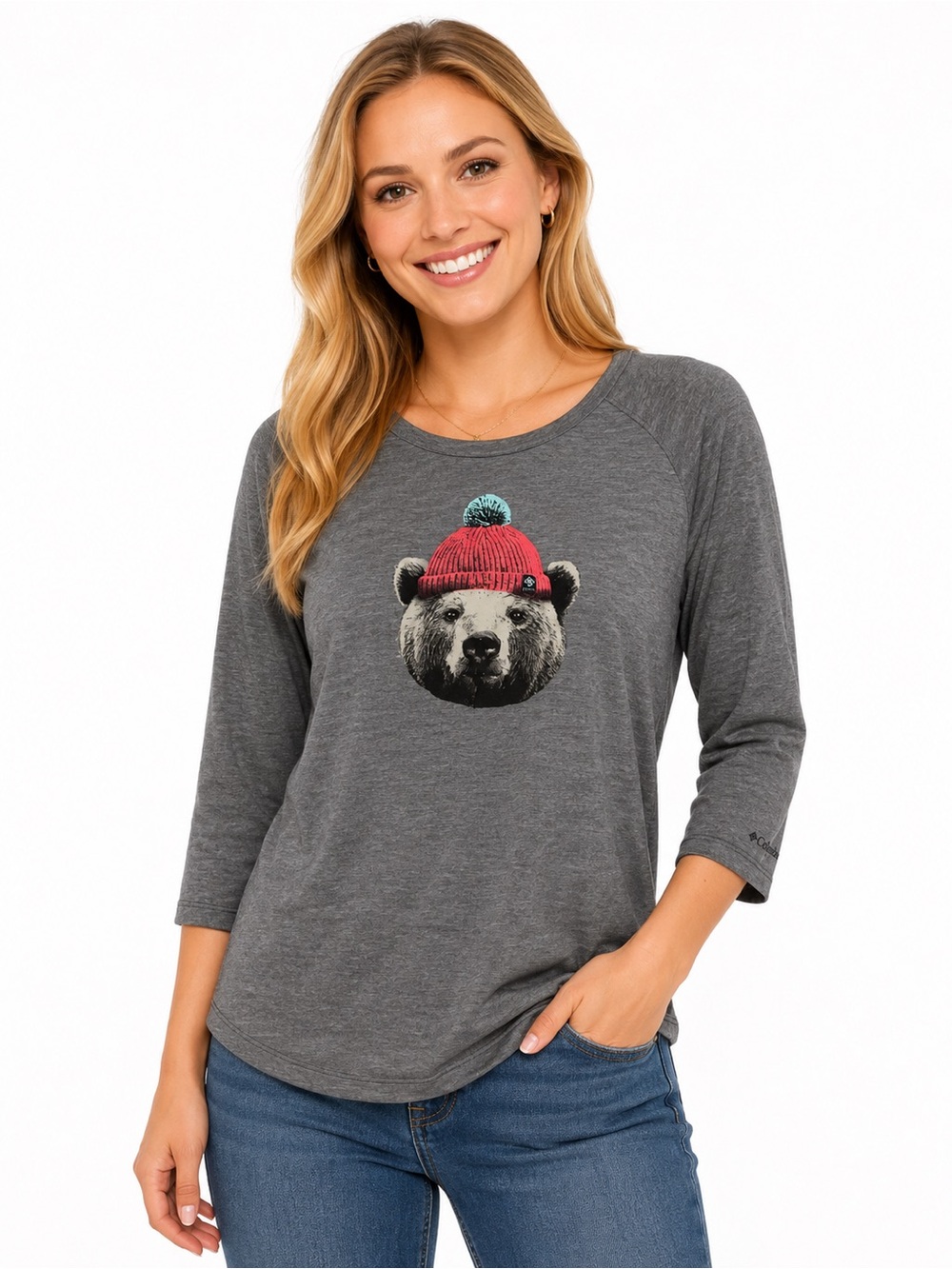 Cozy Bear Graphic 3/4 Sleeve Tee - Charcoal